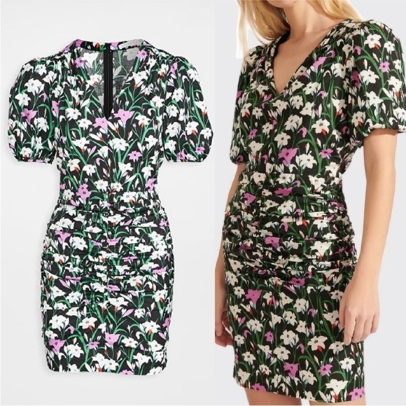 Veronica Beard Janis Dress Ruched Floral Print Black Pink Puff Sleeve V Neck 8 - Picture 1 of 12